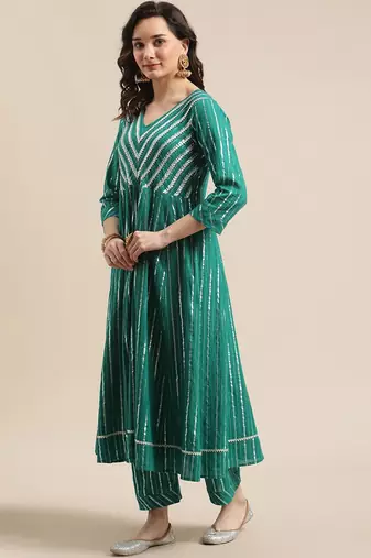 Green & Silver-Colored Lurex Heavy Gotta Work Anarkali Kurta Trouser Set