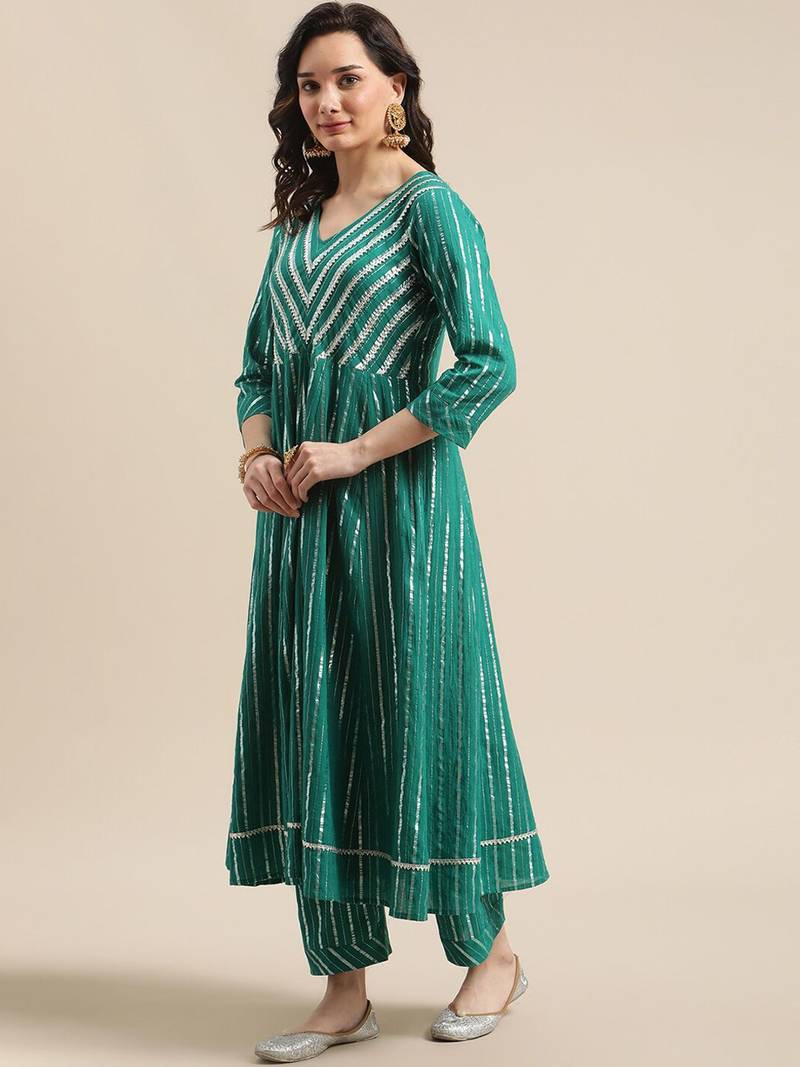 Green & Silver-Colored Lurex Heavy Gotta Work Anarkali Kurta Trouser Set