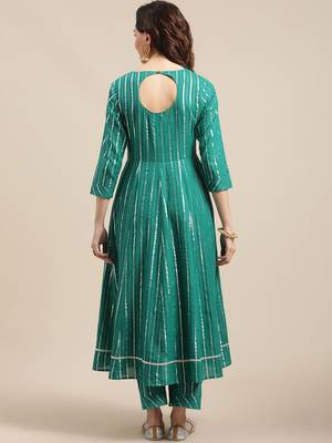 Green & Silver-Colored Lurex Heavy Gotta Work Anarkali Kurta Trouser Set 6