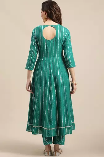 Green & Silver-Colored Lurex Heavy Gotta Work Anarkali Kurta Trouser Set