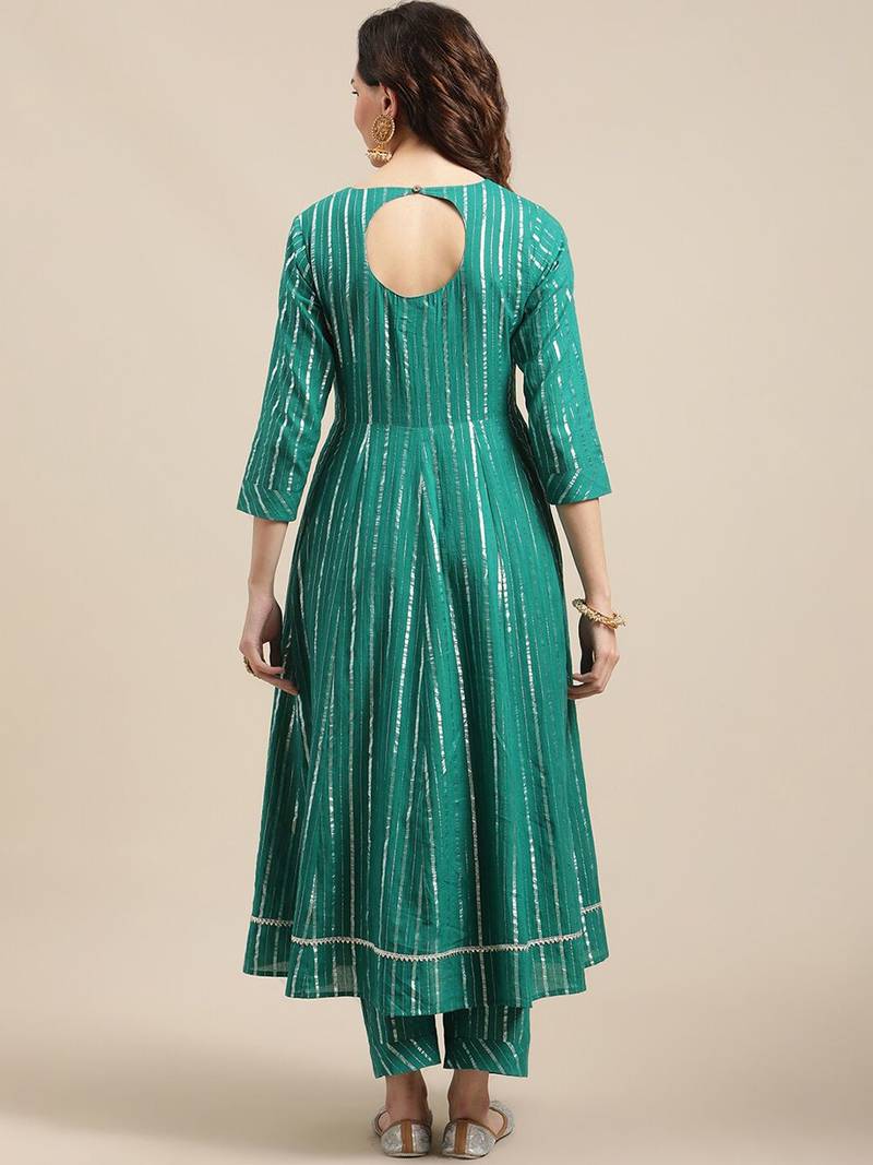 Green & Silver-Colored Lurex Heavy Gotta Work Anarkali Kurta Trouser Set