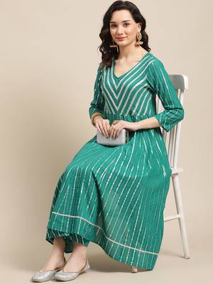 Green & Silver-Colored Lurex Heavy Gotta Work Anarkali Kurta Trouser Set 7