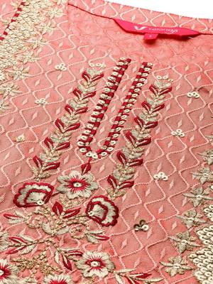 Women Pink & Gold-Toned Embroidered Kurta with Trousers 2