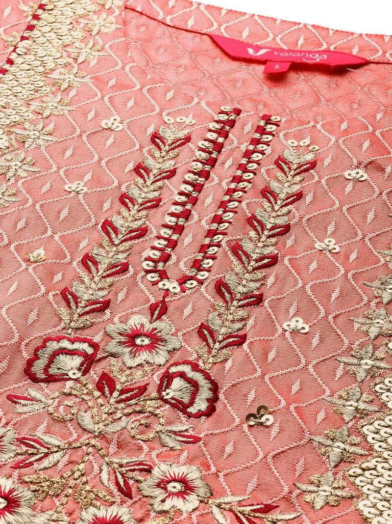 Women Pink & Gold-Toned Embroidered Kurta with Trousers