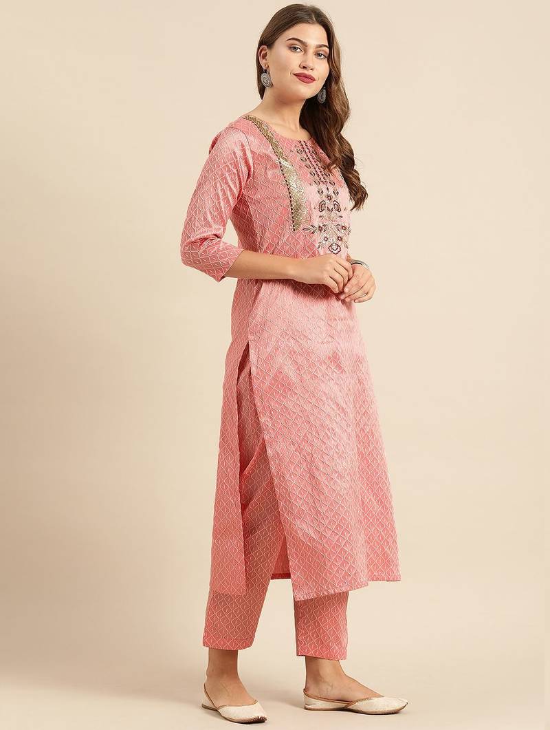 Women Pink & Gold-Toned Embroidered Kurta with Trousers