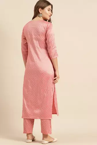 Women Pink & Gold-Toned Embroidered Kurta with Trousers