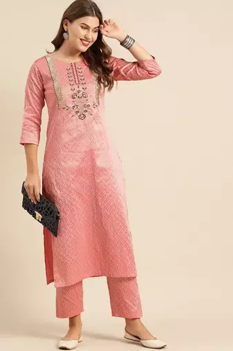 Women Pink & Gold-Toned Embroidered Kurta with Trousers