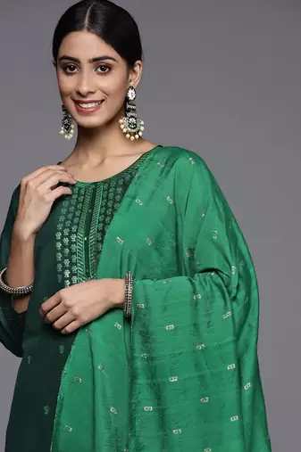 Women Green Ethnic Motifs Embroidered Kurta with Trousers & Dupatta