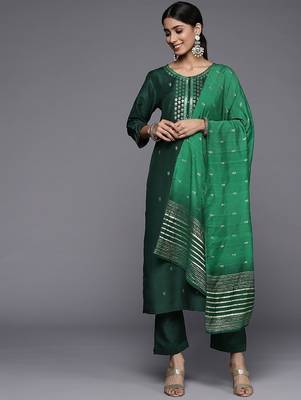 Women Green Ethnic Motifs Embroidered Kurta with Trousers & Dupatta 1