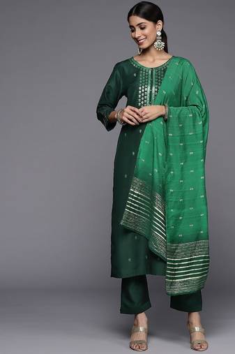 Women Green Ethnic Motifs Embroidered Kurta with Trousers & Dupatta