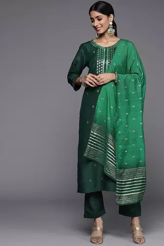 Women Green Ethnic Motifs Embroidered Kurta with Trousers & Dupatta