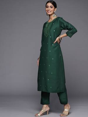 Women Green Ethnic Motifs Embroidered Kurta with Trousers & Dupatta 6