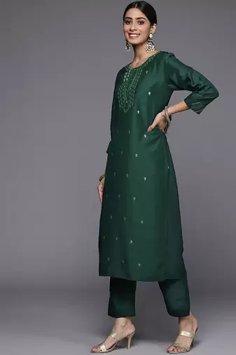 Women Green Ethnic Motifs Embroidered Kurta with Trousers & Dupatta