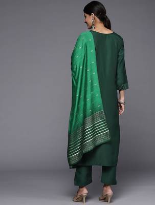 Women Green Ethnic Motifs Embroidered Kurta with Trousers & Dupatta 7