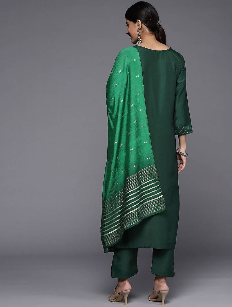 Women Green Ethnic Motifs Embroidered Kurta with Trousers & Dupatta