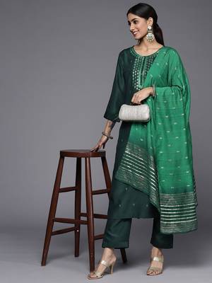 Women Green Ethnic Motifs Embroidered Kurta with Trousers & Dupatta 8