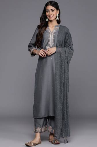 Floral Embroidered Mandarin Collar Straight Kurta with Trousers & Dupatta
