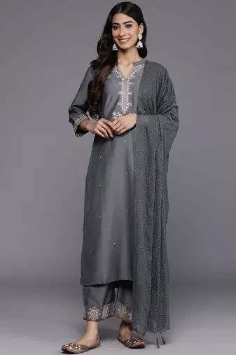 Floral Embroidered Mandarin Collar Straight Kurta with Trousers & Dupatta