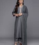 Floral Embroidered Mandarin Collar Straight Kurta with Trousers & Dupatta