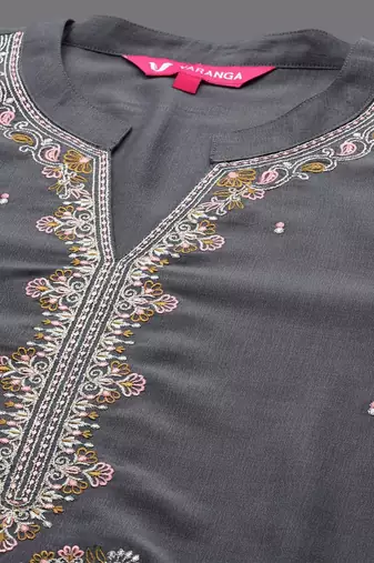 Floral Embroidered Mandarin Collar Straight Kurta with Trousers & Dupatta