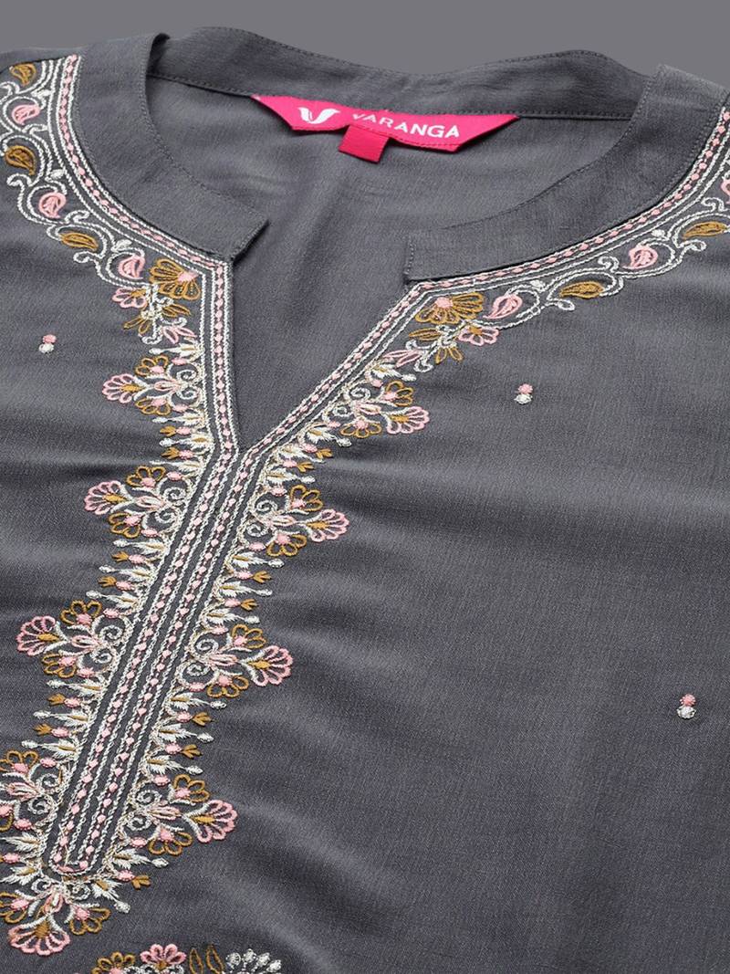 Floral Embroidered Mandarin Collar Straight Kurta with Trousers & Dupatta