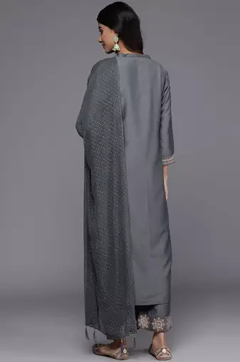 Floral Embroidered Mandarin Collar Straight Kurta with Trousers & Dupatta