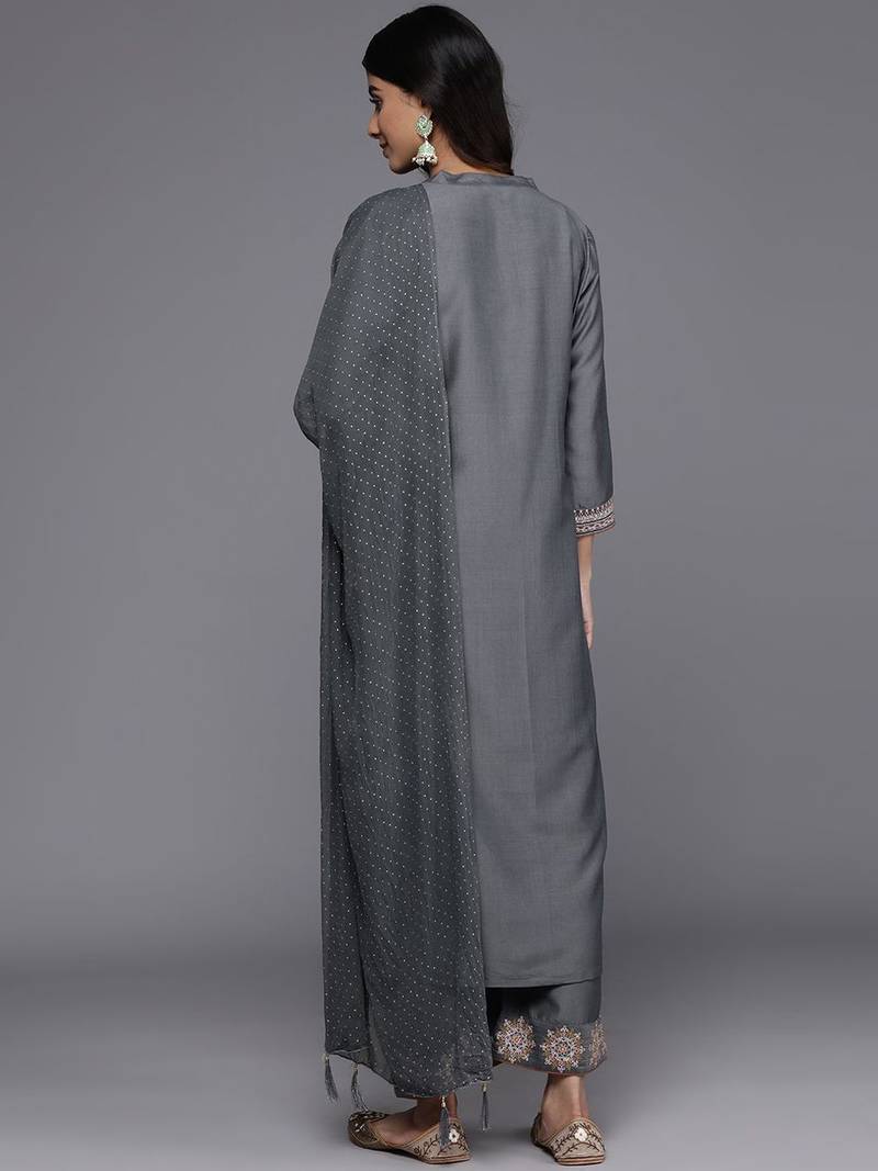 Floral Embroidered Mandarin Collar Straight Kurta with Trousers & Dupatta
