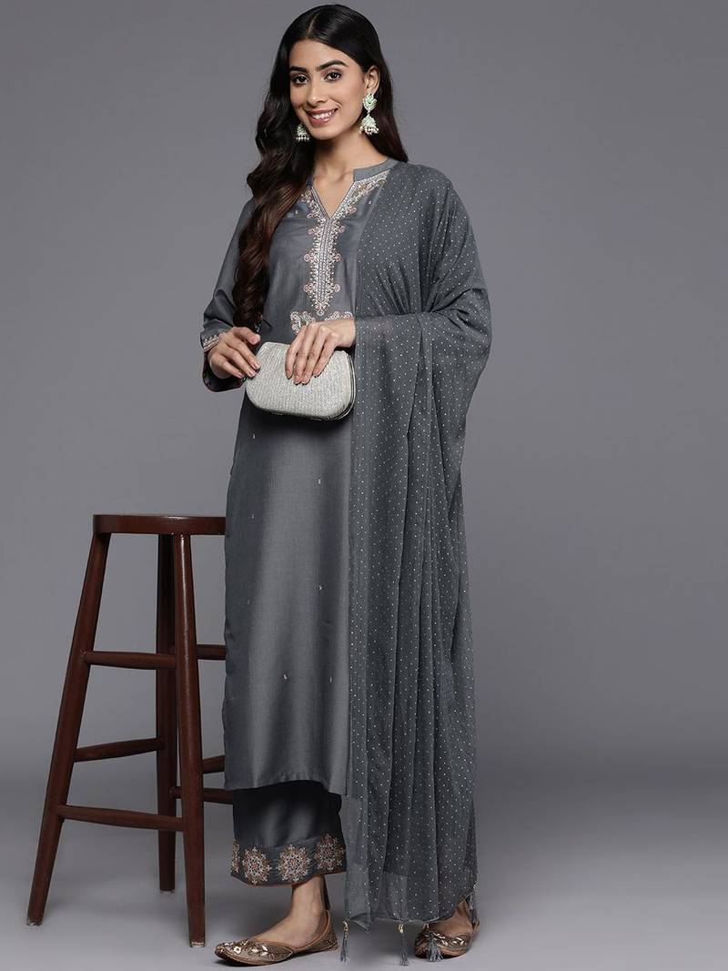 Floral Embroidered Mandarin Collar Straight Kurta with Trousers & Dupatta