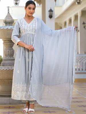 Ethnic Motifs Embroidered Empire Anarkali Kurta with Trouser & Dupatta 1
