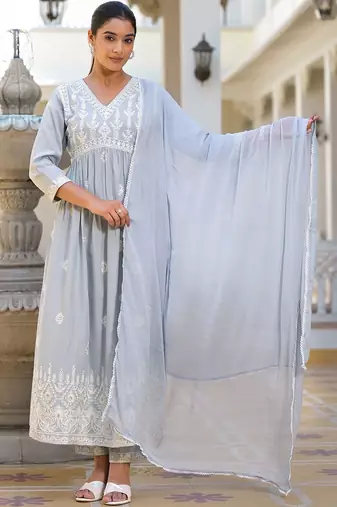 Ethnic Motifs Embroidered Empire Anarkali Kurta with Trouser & Dupatta