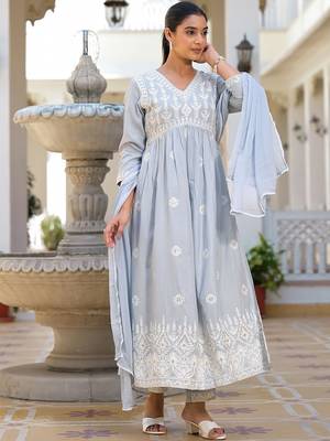 Ethnic Motifs Embroidered Empire Anarkali Kurta with Trouser & Dupatta 3