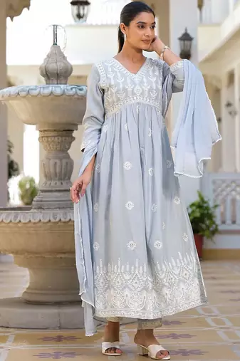 Ethnic Motifs Embroidered Empire Anarkali Kurta with Trouser & Dupatta