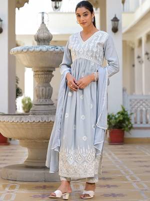 Ethnic Motifs Embroidered Empire Anarkali Kurta with Trouser & Dupatta 4