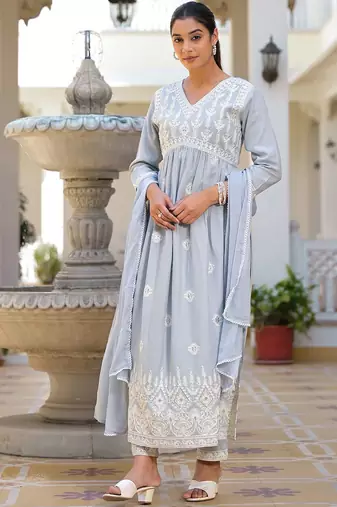 Ethnic Motifs Embroidered Empire Anarkali Kurta with Trouser & Dupatta