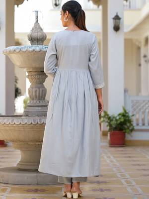 Ethnic Motifs Embroidered Empire Anarkali Kurta with Trouser & Dupatta 5