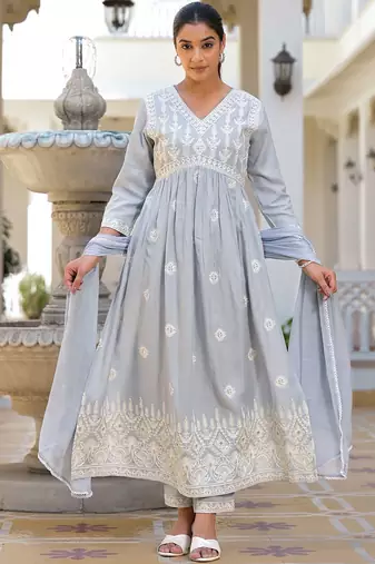 Ethnic Motifs Embroidered Empire Anarkali Kurta with Trouser & Dupatta