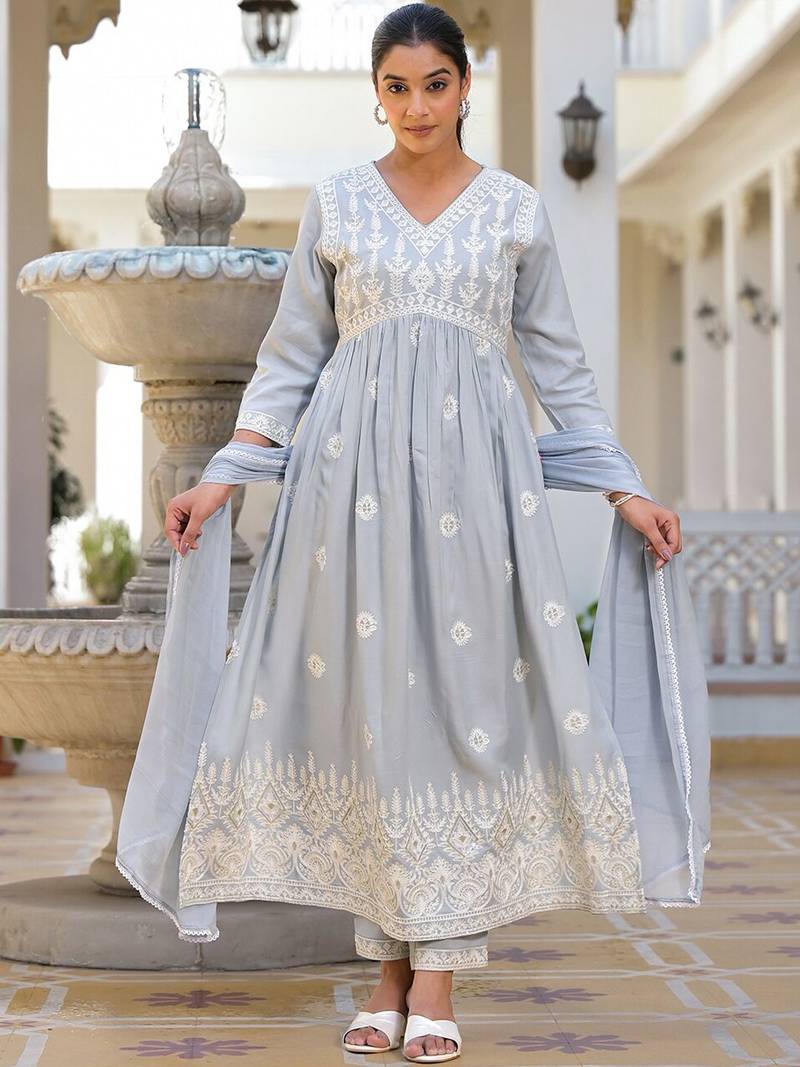 Ethnic Motifs Embroidered Empire Anarkali Kurta with Trouser & Dupatta