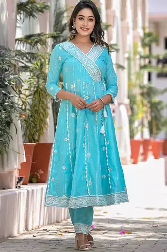 Thread Embroidered Anarkali Kurta With Trouser & Dupatta