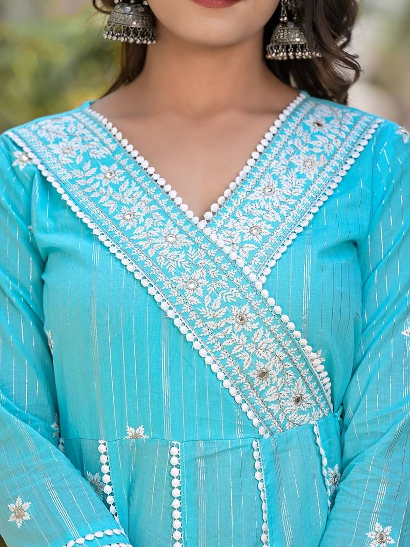 Thread Embroidered Anarkali Kurta With Trouser & Dupatta