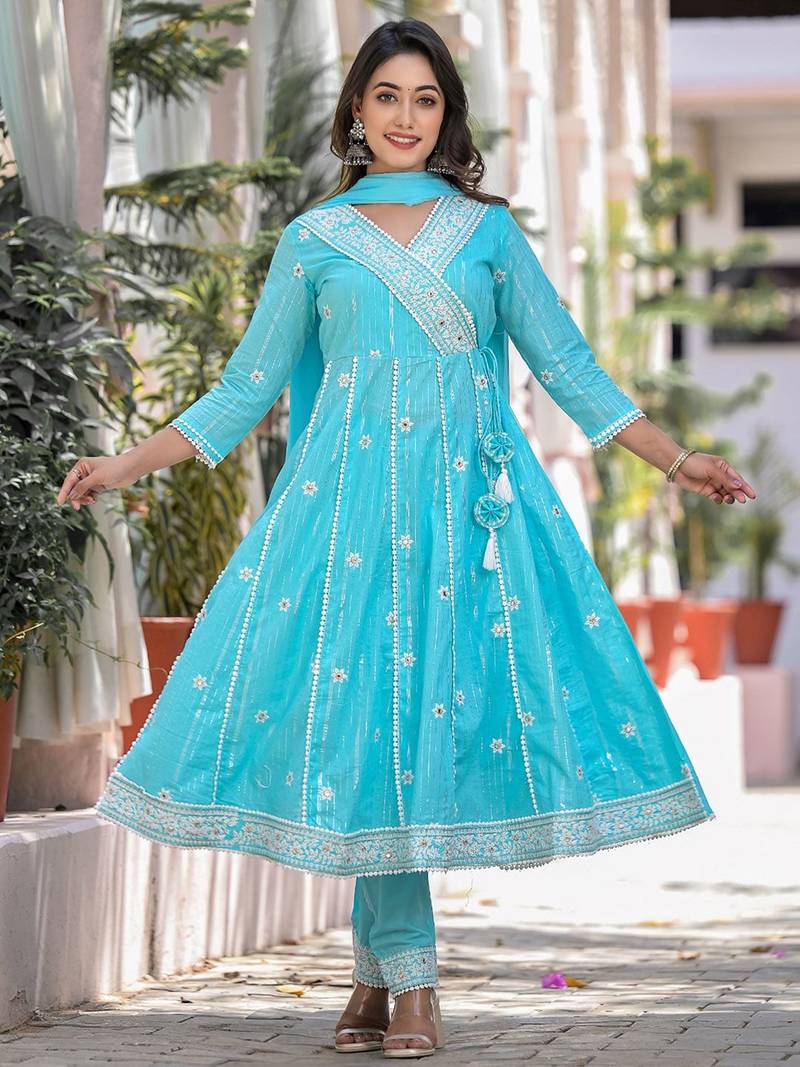 Thread Embroidered Anarkali Kurta With Trouser & Dupatta