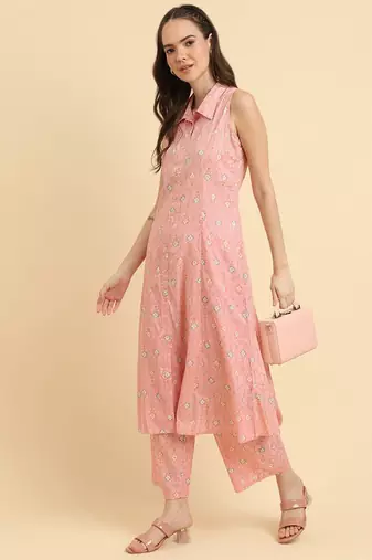Pink Floral Printed Regular Kurta with Trousers