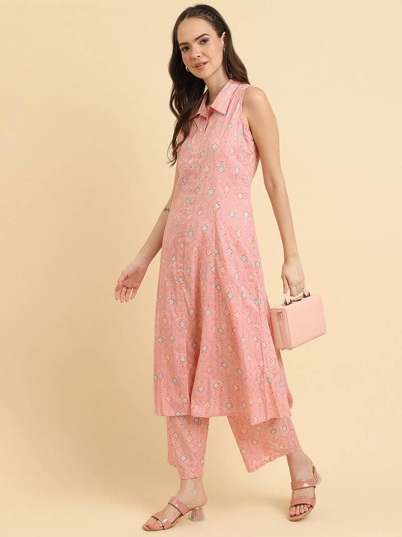 Pink Floral Printed Regular Kurta with Trousers