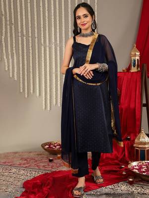 Woven Design Shoulder Straps Anarkali Kurta & Trousers With Dupatta 1