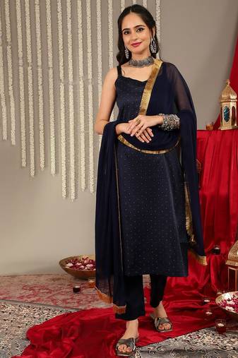 Woven Design Shoulder Straps Anarkali Kurta & Trousers With Dupatta