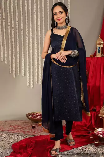 Woven Design Shoulder Straps Anarkali Kurta & Trousers With Dupatta