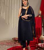 Woven Design Shoulder Straps Anarkali Kurta & Trousers With Dupatta