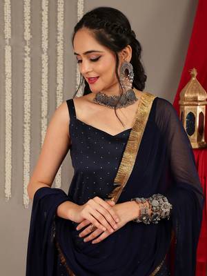 Woven Design Shoulder Straps Anarkali Kurta & Trousers With Dupatta 2