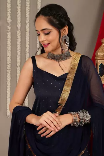Woven Design Shoulder Straps Anarkali Kurta & Trousers With Dupatta