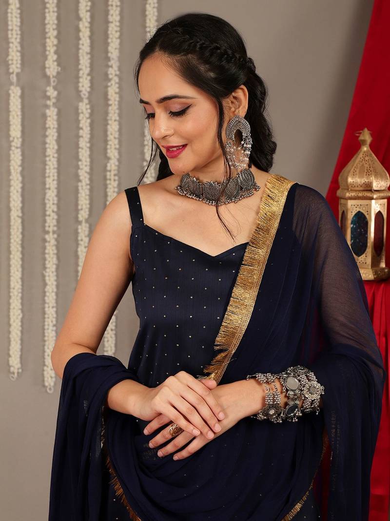 Woven Design Shoulder Straps Anarkali Kurta & Trousers With Dupatta