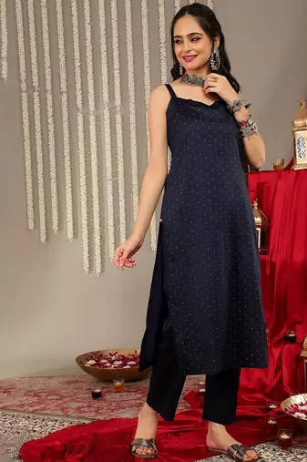 Woven Design Shoulder Straps Anarkali Kurta & Trousers With Dupatta
